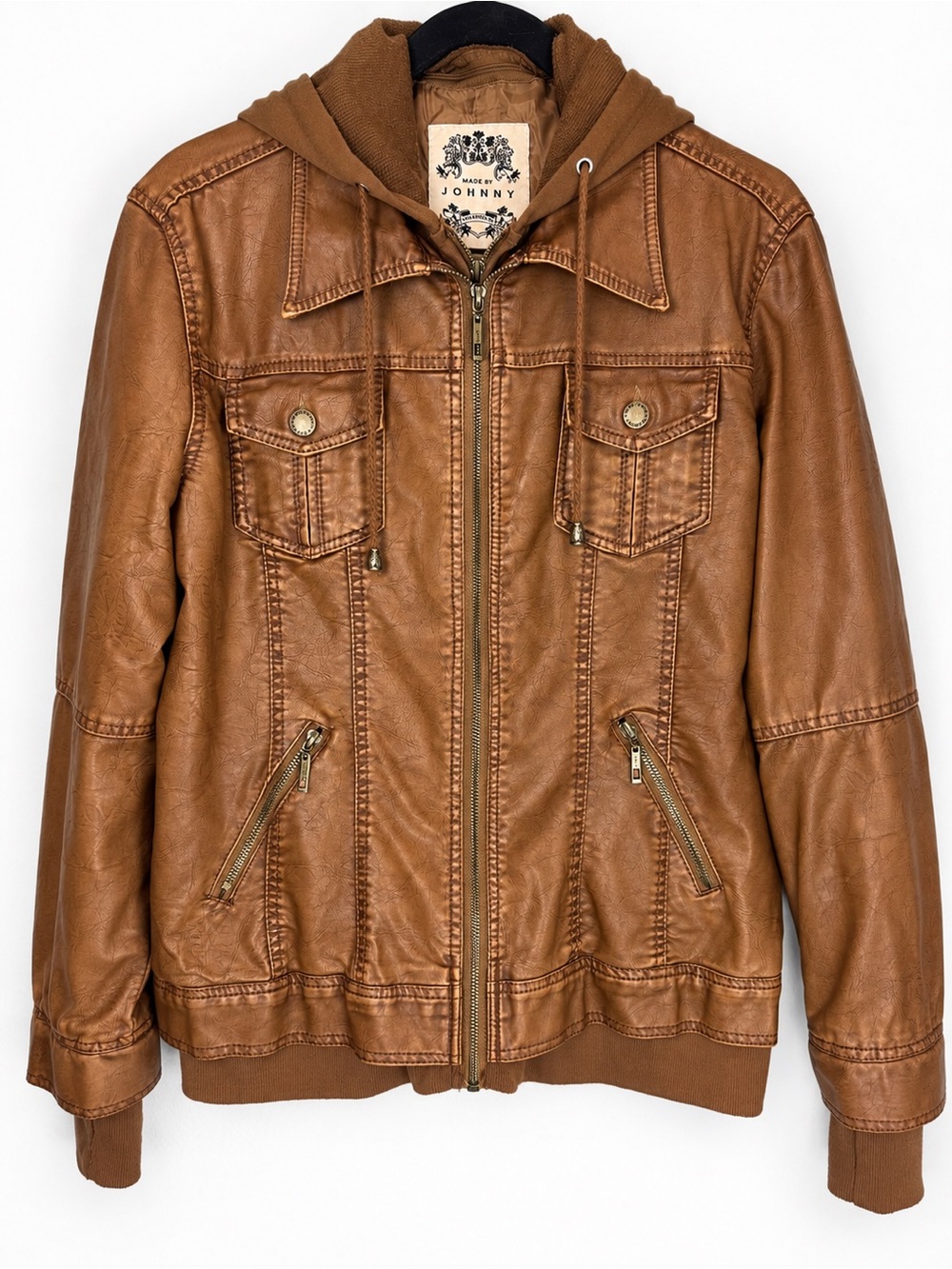 Made by Johnny Brown Faux Leather Hooded Moto Jacket Women’s XL